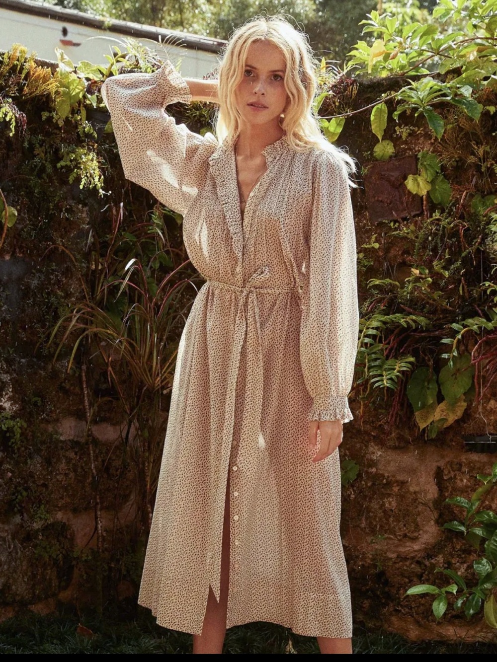 DOEN Stanton Berry Bisou Floral Cotton Button Down Belted Midi Dress Small